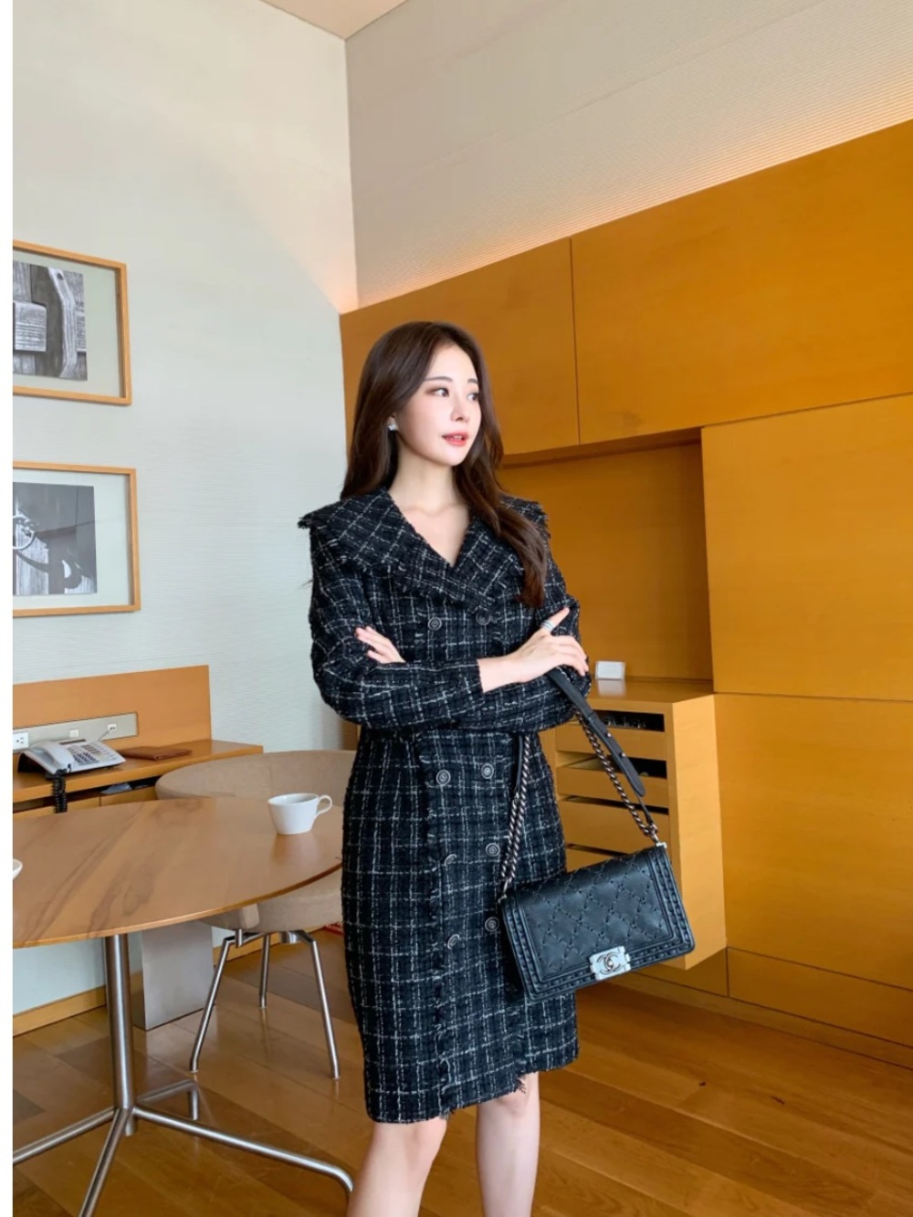 LOAR Black Tweed Button-Front Dress